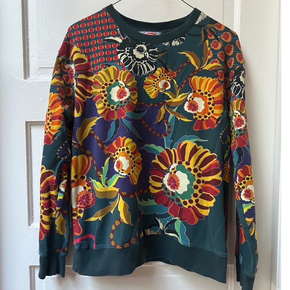Johnny Was Floral Print Crewneck Pullover Sweatshirt Green Small